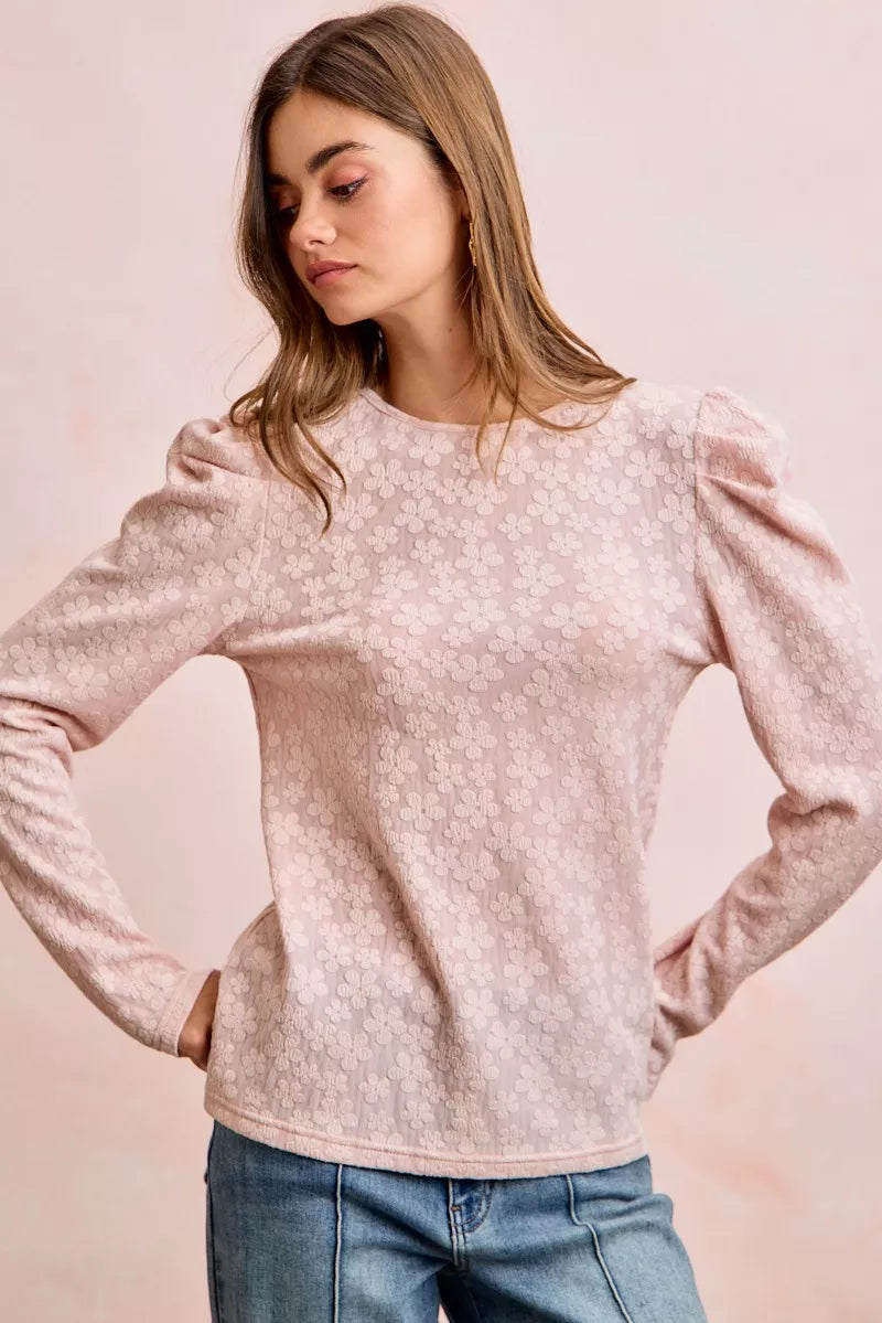 Sarah Express Women's Textured Flower Knit Puff Shoulder Top - Elegant Feminine Blouse