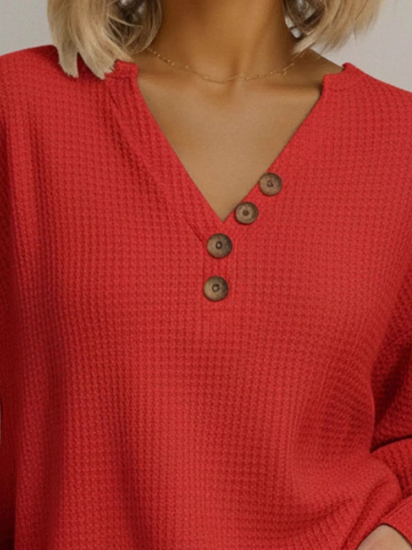 Sarah Express Women's Casual Waffle Knit V-Neck Long Sleeve T-Shirt