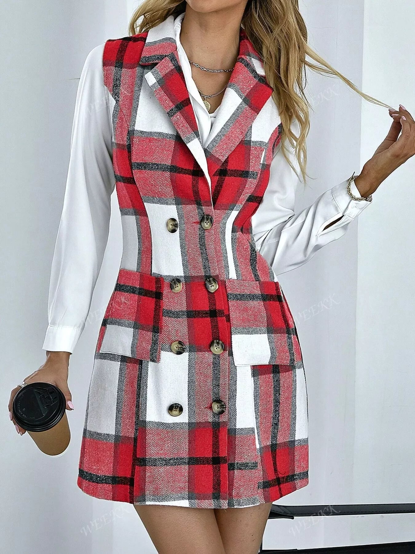 Sarah Express Women's Plaid Double-Breasted Sleeveless Blazer Dress Red