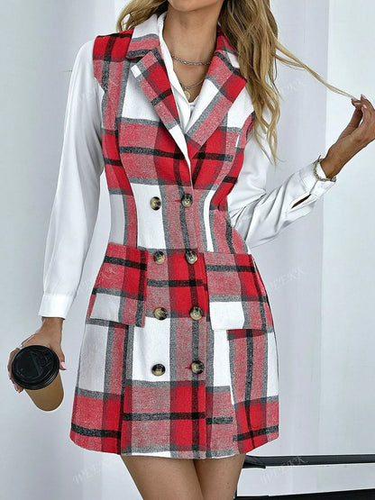 Sarah Express Women's Plaid Double-Breasted Sleeveless Blazer Dress Red
