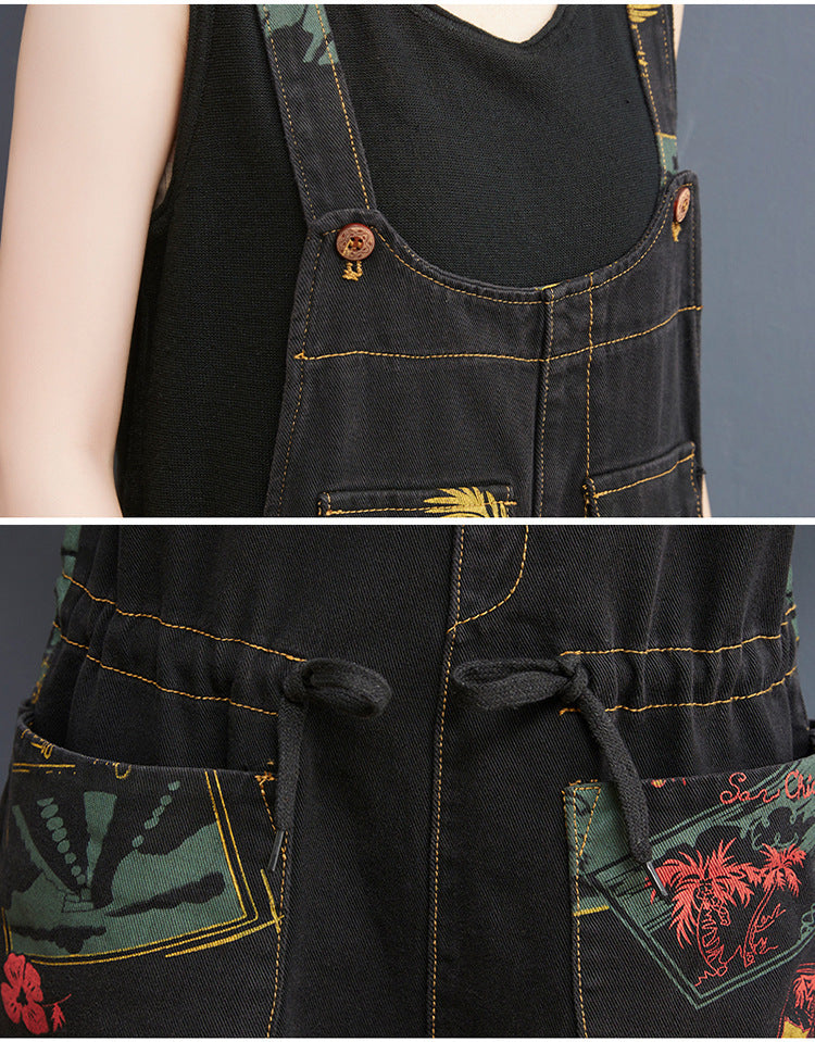 Sarah Express Floral Print Denim Overalls Plus Size Suspender Jeans Cropped