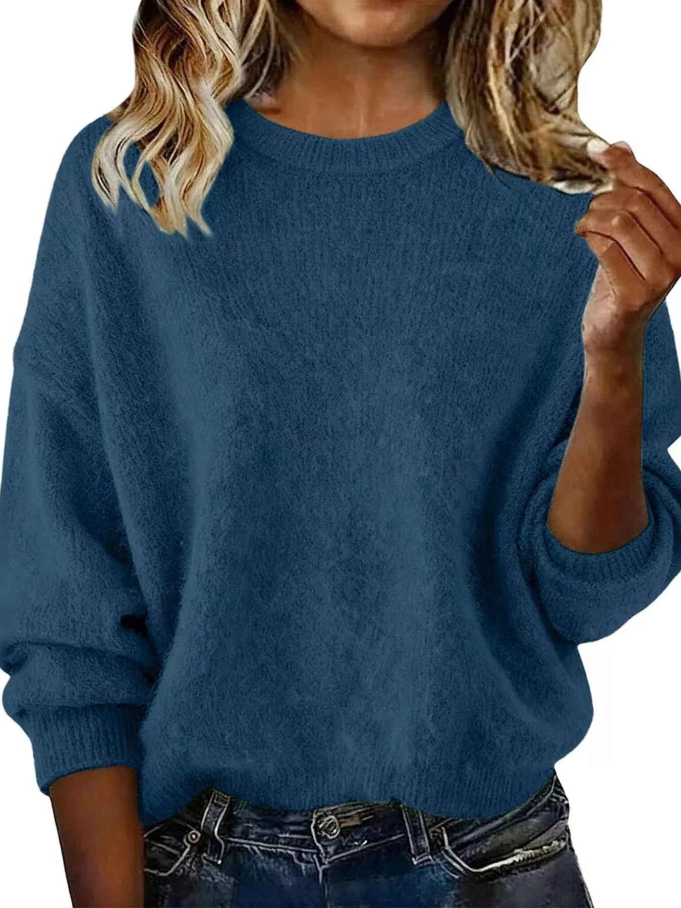 Sarah Express Women's Round Neck Dropped Shoulder Sweater - Plus Size Navy Blue