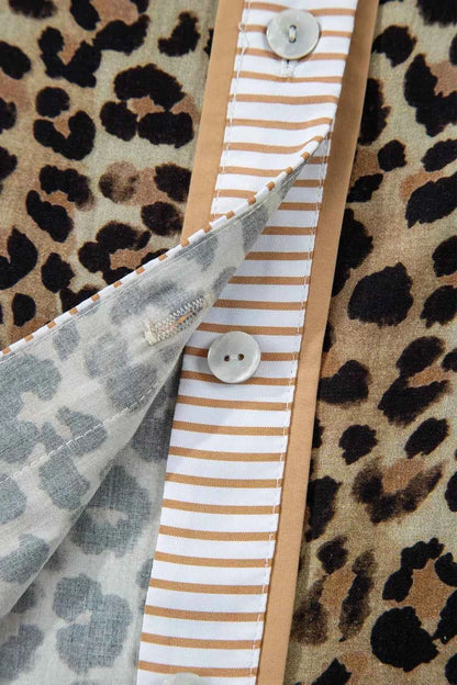 Sarah Express Women's Leopard Print Shirt with Striped Trim - V-Neck Button Down Blouse