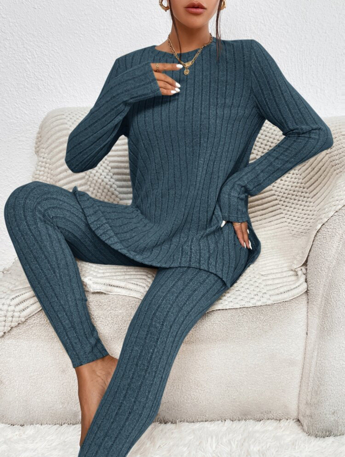 Sarah Express Women's Casual Cotton Two-Piece Matching Set Long Sleeve Top & Trousers