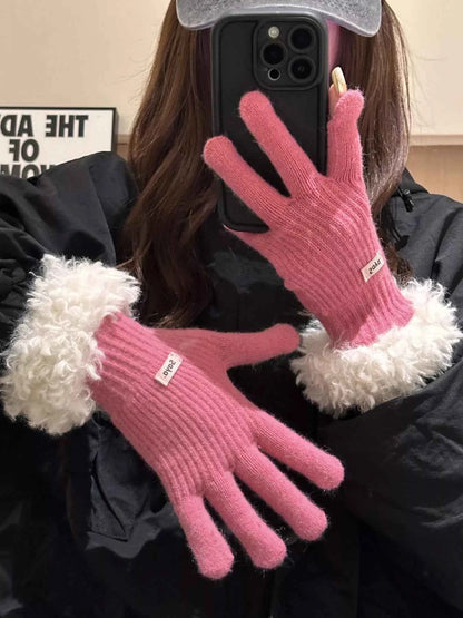 Sarah Express Women's Fuzzy Cuff Knitted Gloves - Warm Winter Cozy Soft Polyester Gloves Rose Red ONESIZE