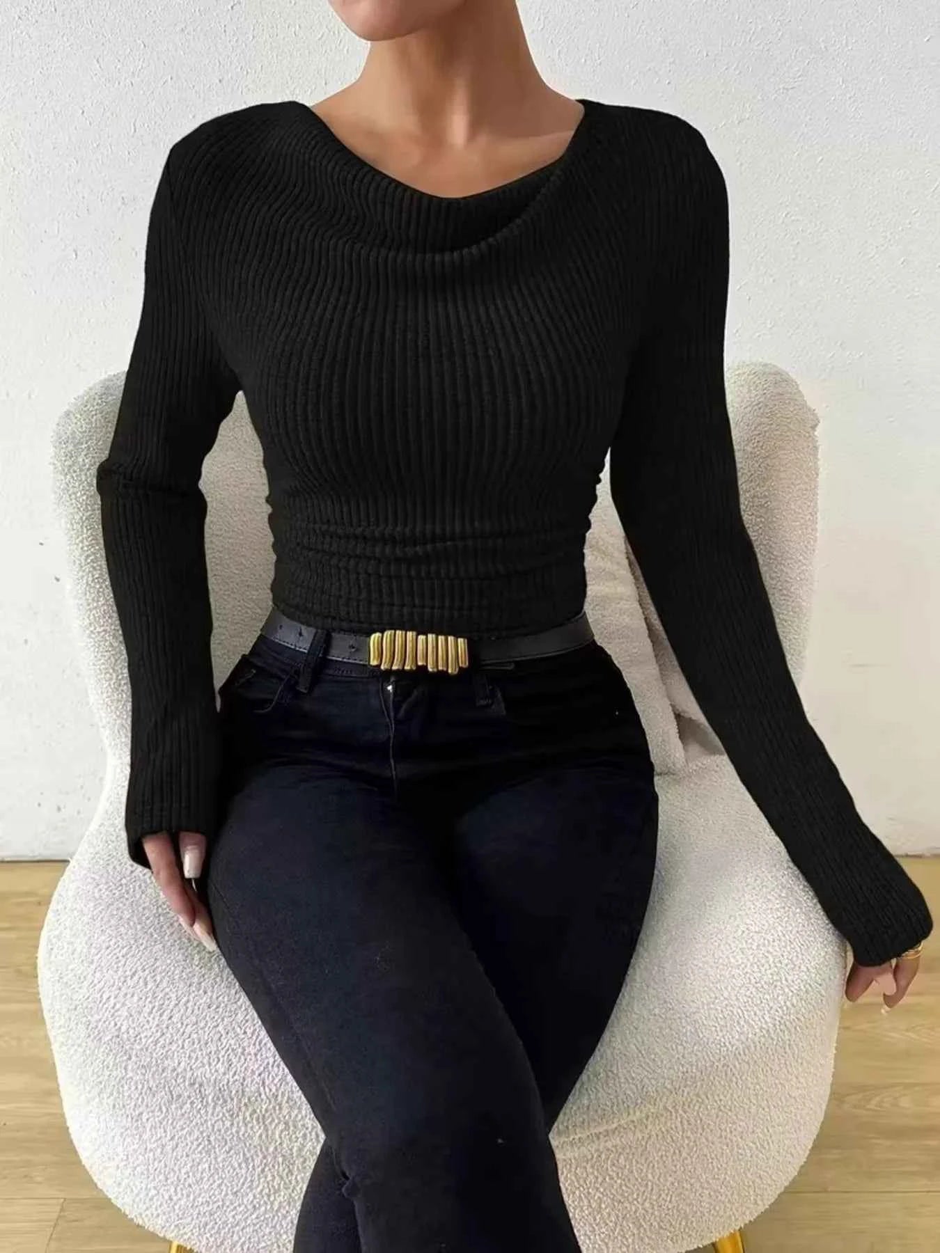 Sarah Express Women's Cowl Neck Ribbed Long Sleeve Sweater - Ruched Pullover Top