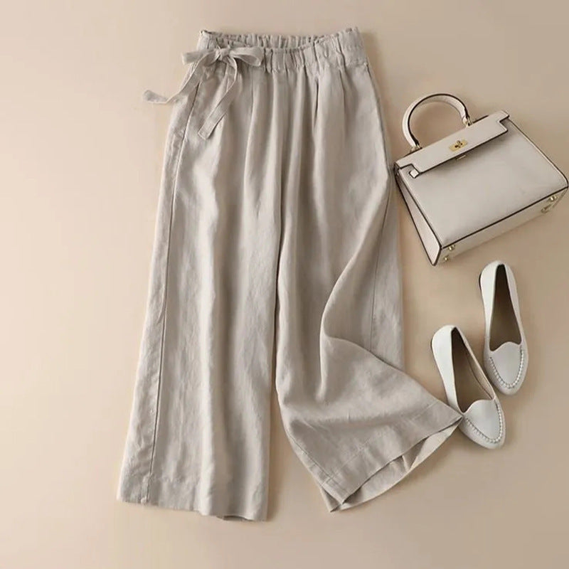 Sarah Express High Waist Lace-Up Cropped Pants Women's Elastic Waist Retro Cotton Casual Bottoms