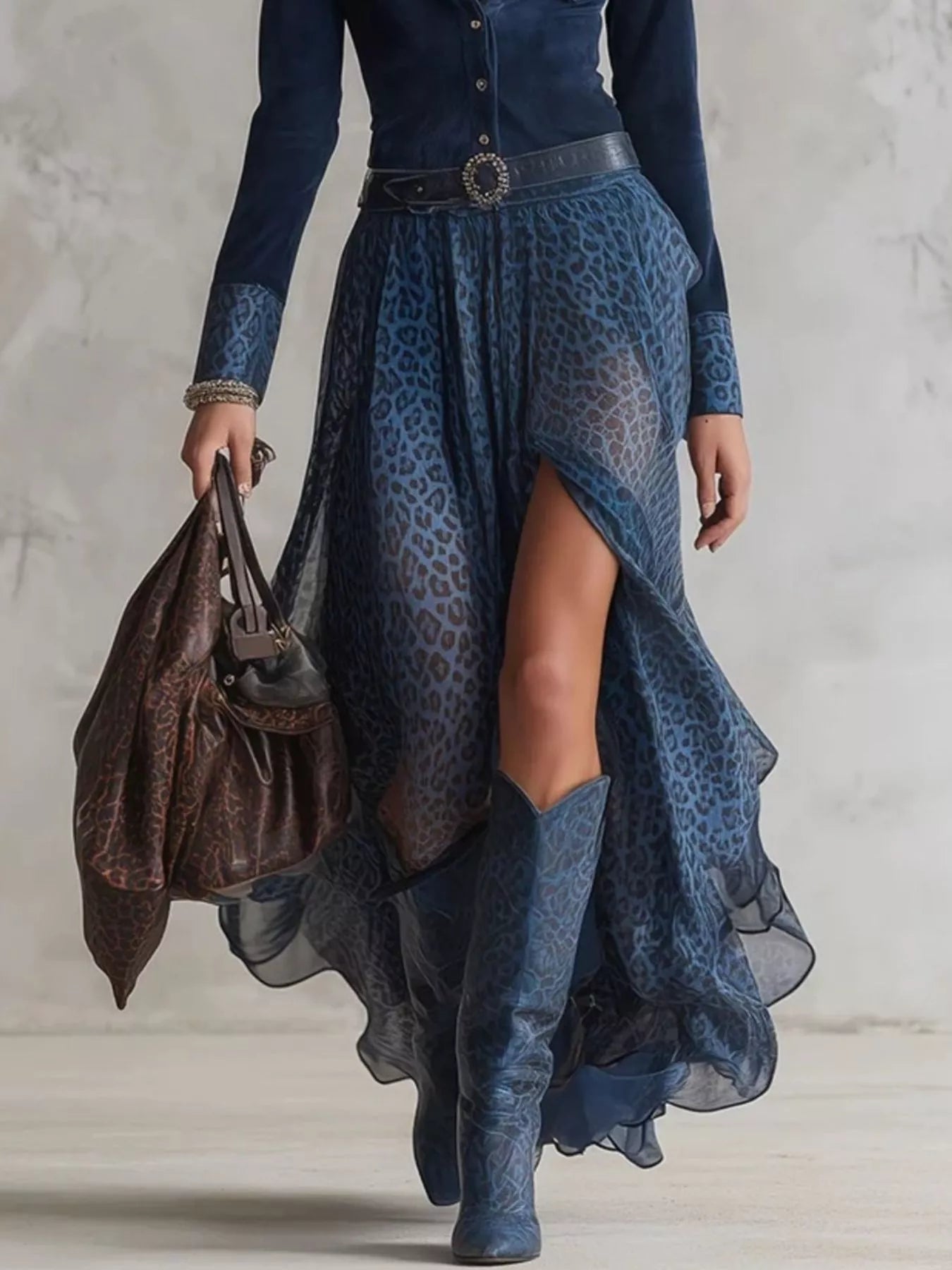 Sarah Express Women's Leopard Print Button Front Maxi Dress with Pockets and Slit