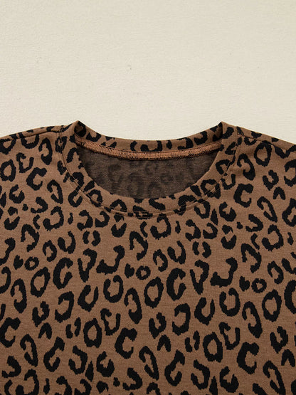 Sarah Express Women's Striped Trim Leopard Long Sleeve Top Drawstring Pant Set