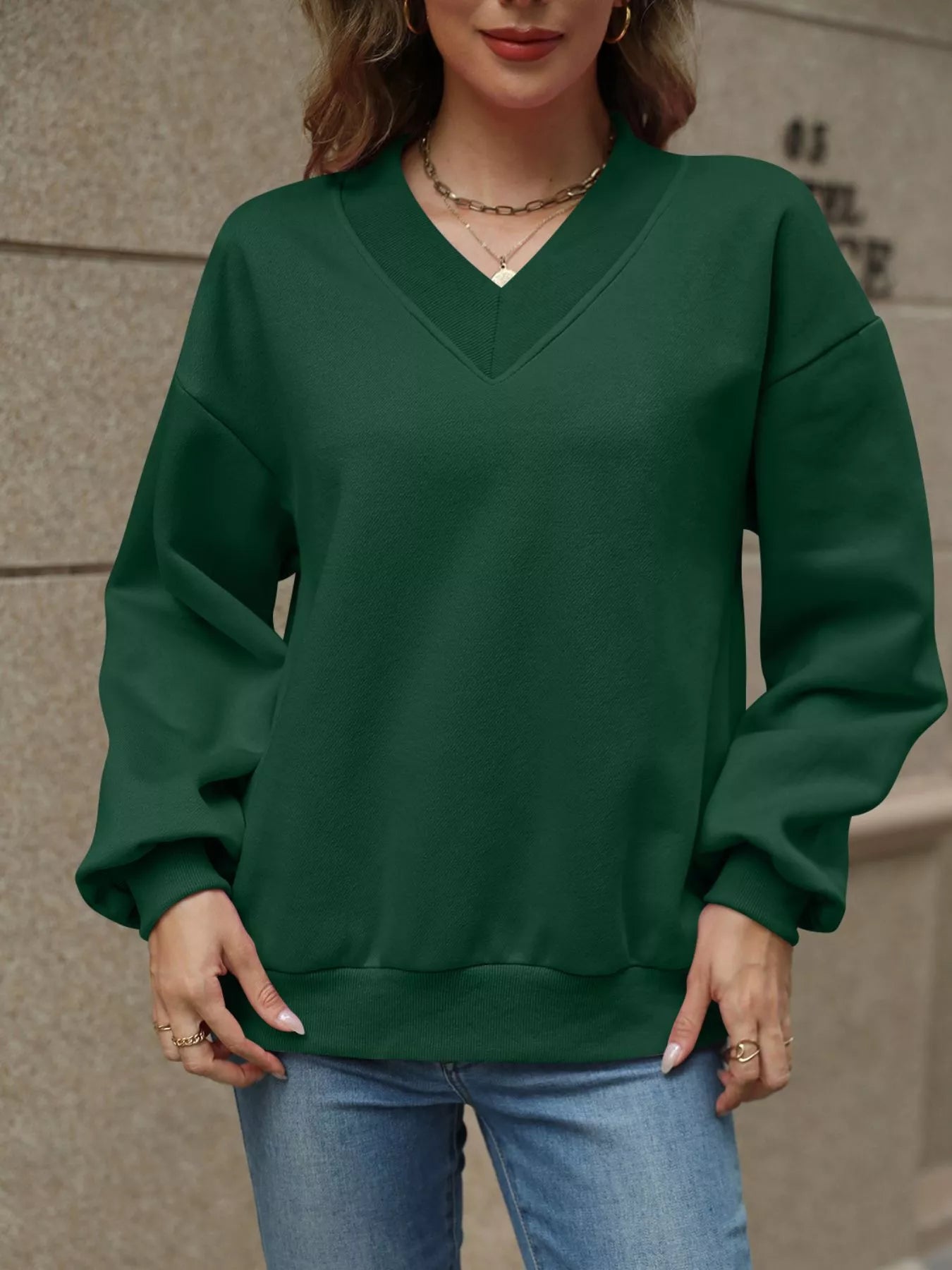 Sarah Express Women's V-Neck Solid Color Casual Sweatshirt