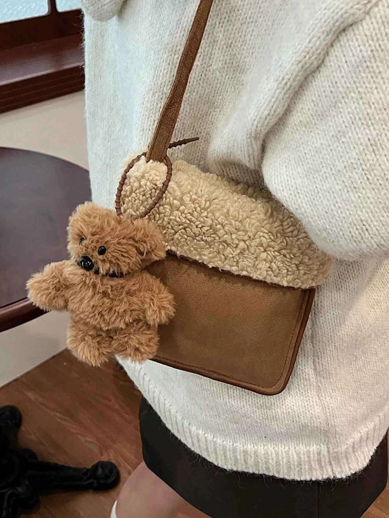 Sarah Express Women's Teddy Bear Charm Plush Crossbody Bag - Mini Suede Shoulder Bag