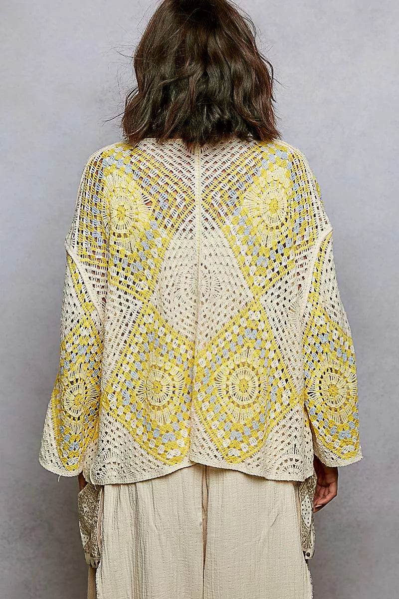 Sarah Express Women's Open Front Crochet Cardigan with Granny Square Pattern