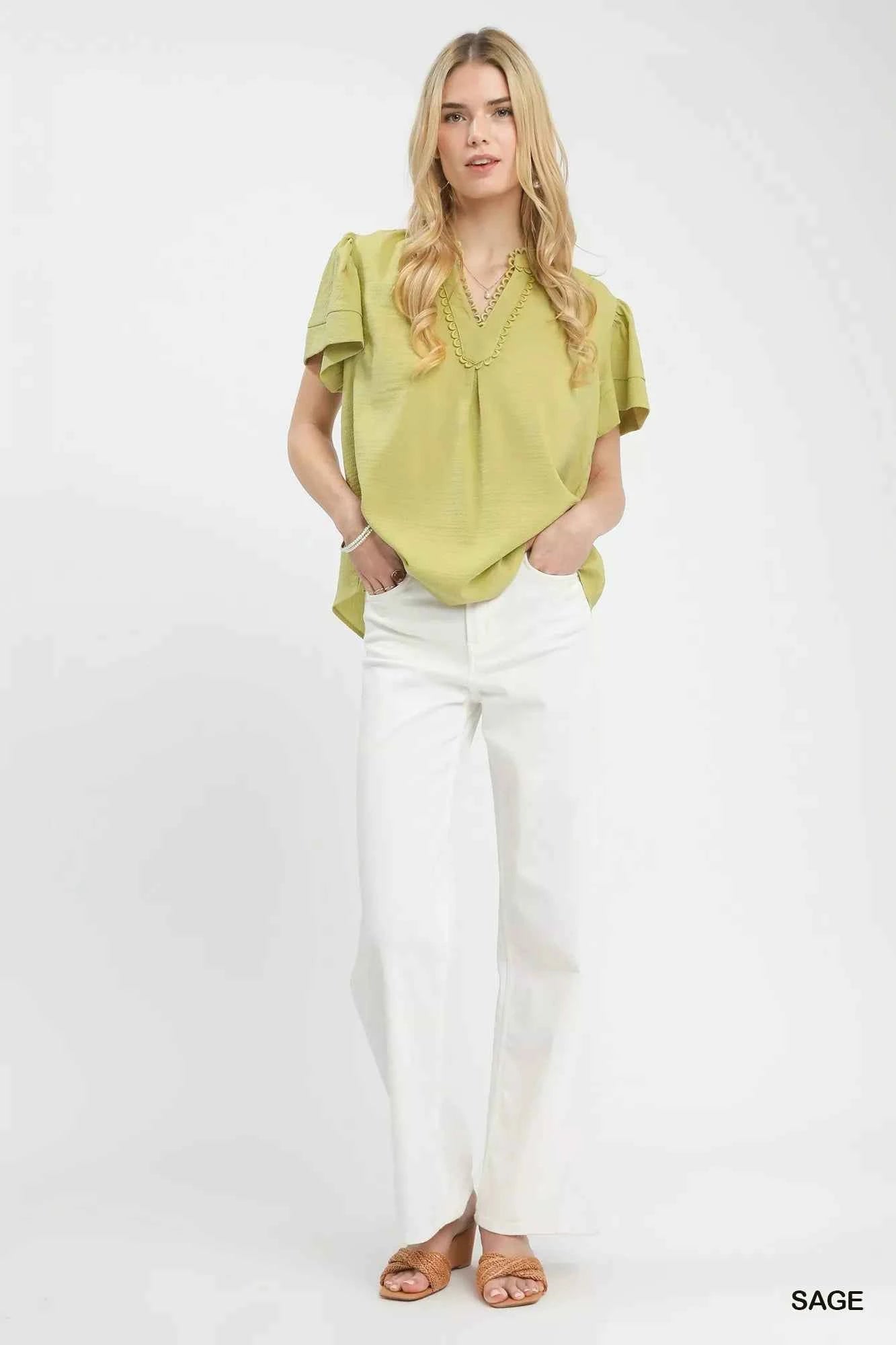 Sarah Express Women's Seersucker Short Sleeve Top with Lace Trim