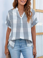 Sarah Express Women's Notched Short Sleeve Blouse Plaid