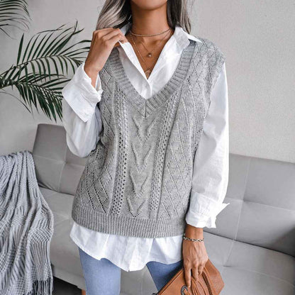Sarah Express Women's Cable Knit Sleeveless Sweater Vest - Hollow Out V-Neck Pullover Gray