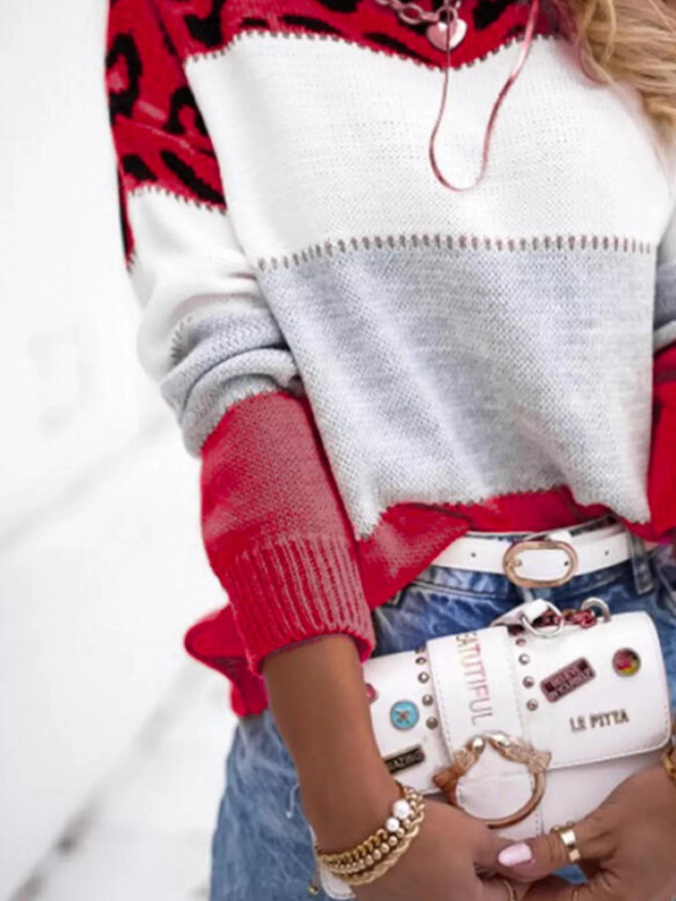 Sarah Express Women's Leopard Color Block Long Sleeve Sweater Plus Size Red