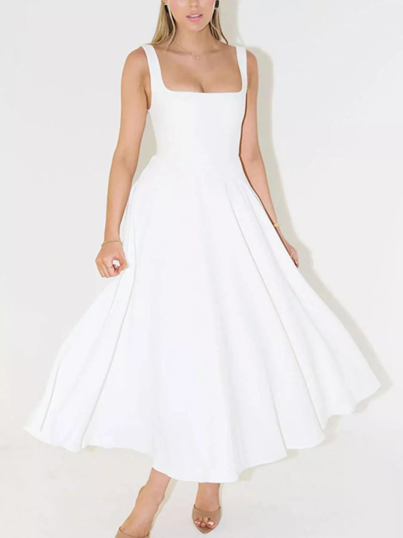 Sarah Express Women's Square Neck Wide Strap A-Line Dress Cotton Blend Casual Midi Dress