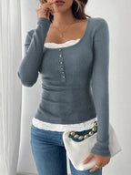 Sarah Express Women's Lace Detail Long Sleeve Ribbed Top