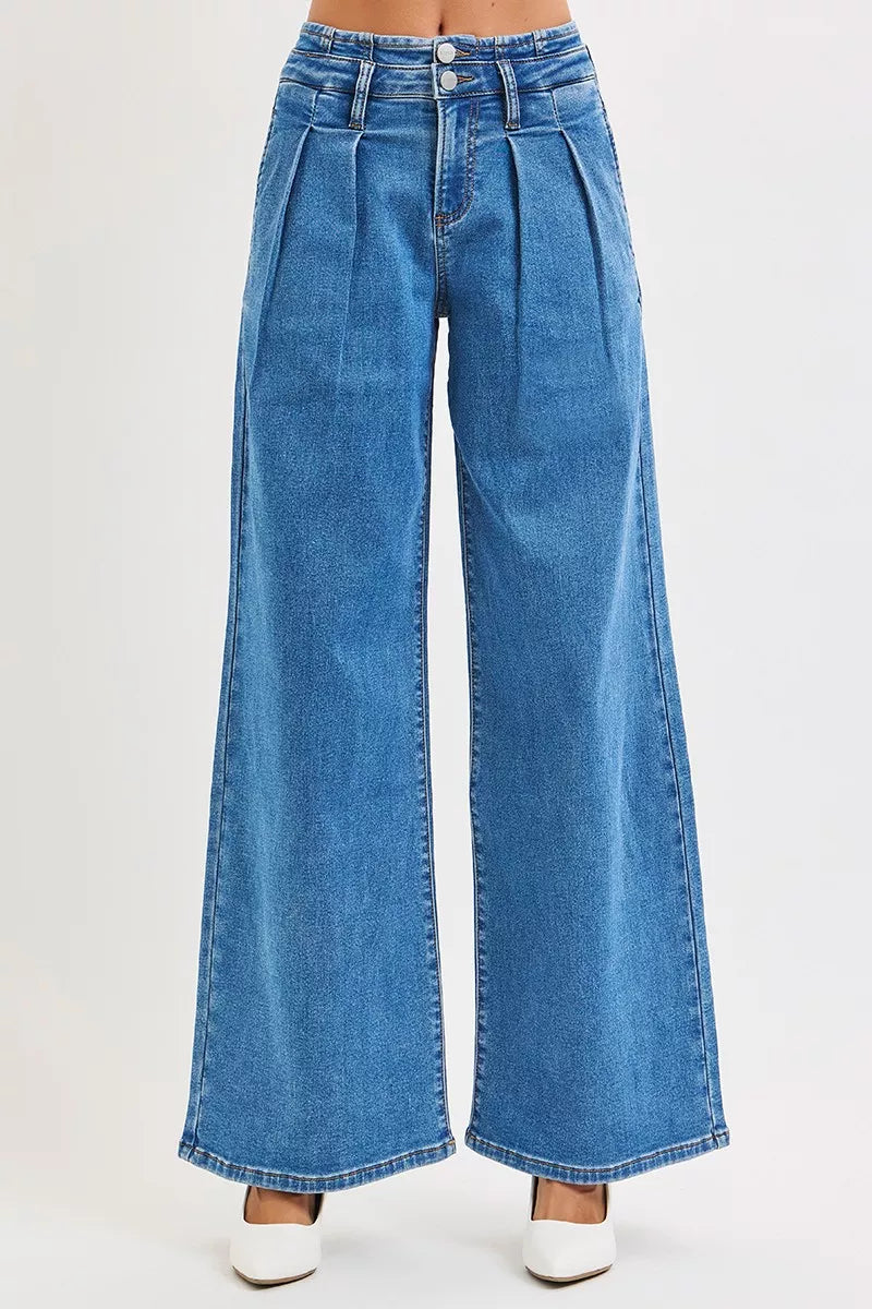 Sarah Express Women’s Plus Size Mid Rise Wide Leg Jeans with Pleated Detail
