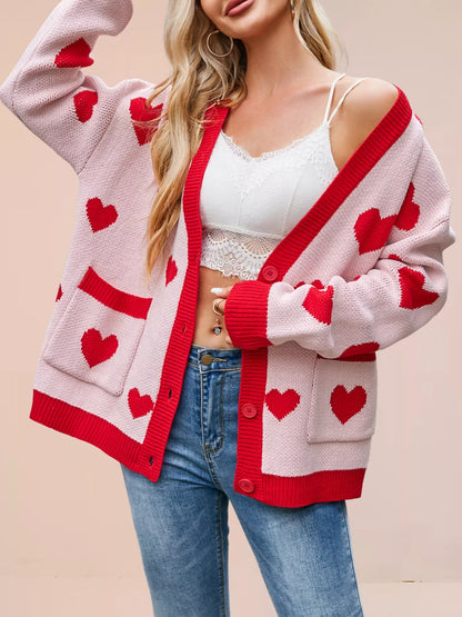Sarah Express Women's Heart Pattern Button-Up Knit Cardigan