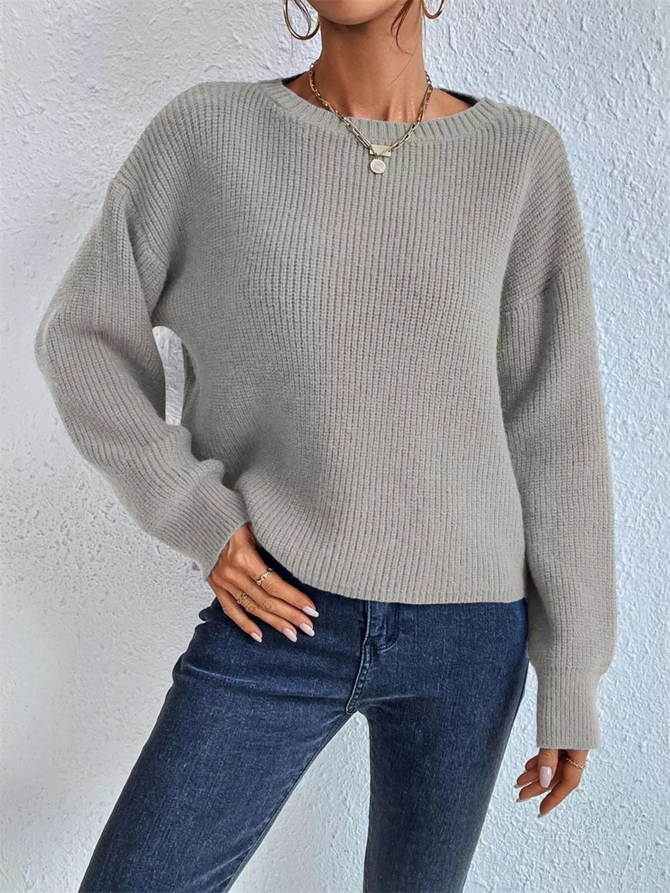 Sarah Express Women's Ribbed Knit Dropped Shoulder Sweater