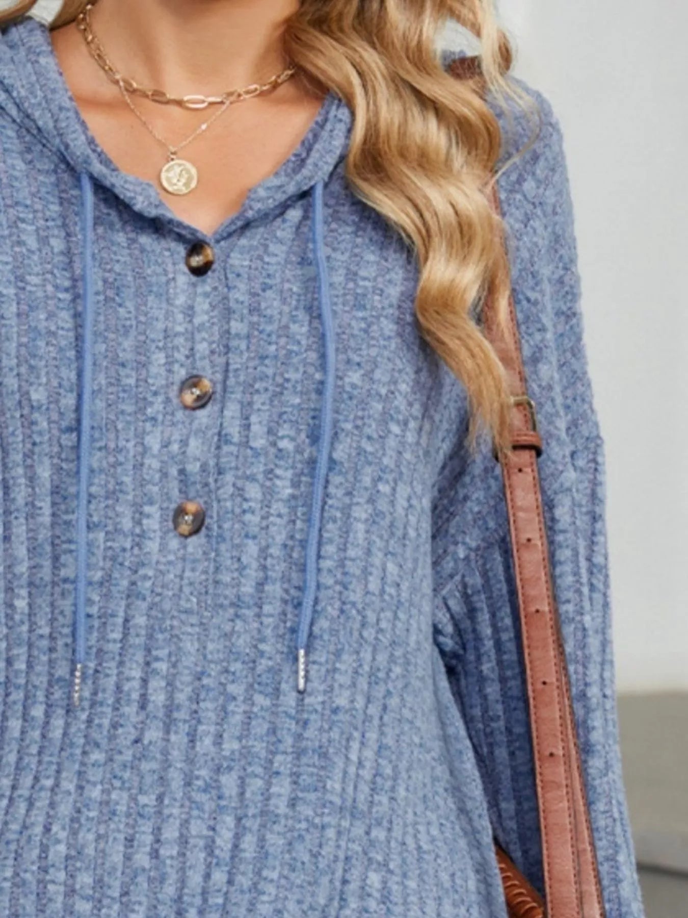 Sarah Express Women's Ribbed Knit Hoodie with Button Detail - Casual Drawstring Pullover