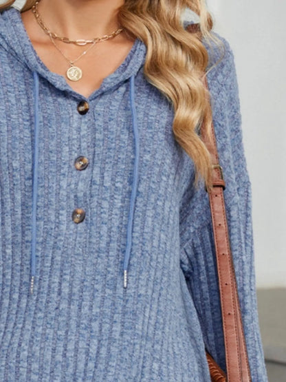 Sarah Express Women's Ribbed Knit Hoodie with Button Detail - Casual Drawstring Pullover