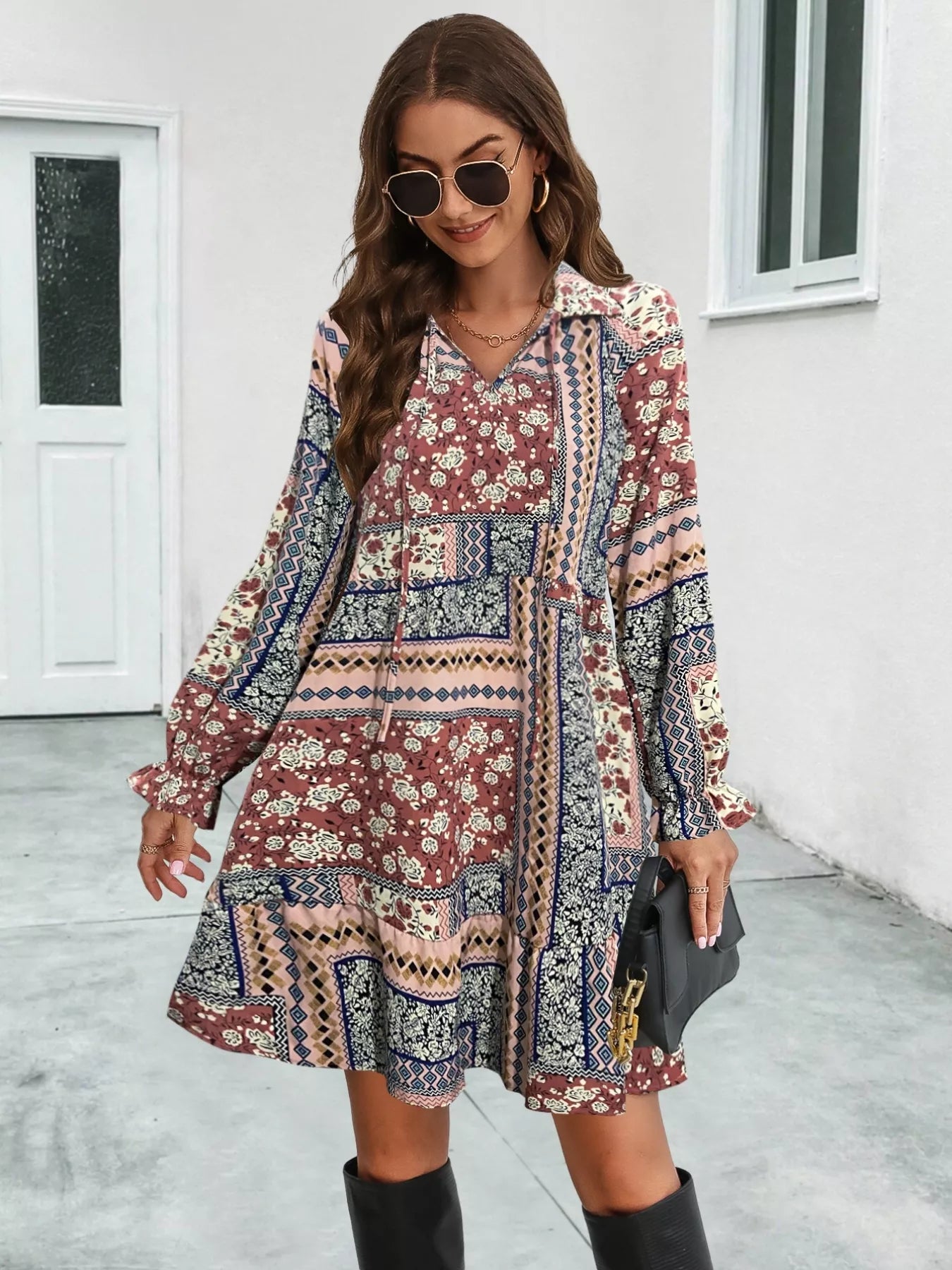 Sarah Express Women's Boho Floral Print Long Sleeve Mini Dress