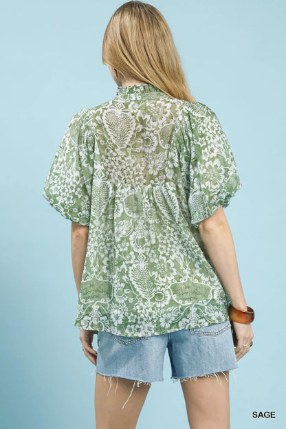 Sarah Express Women's Abstract Print Ruffled Puff Sleeve Top - Trendy Casual Blouse