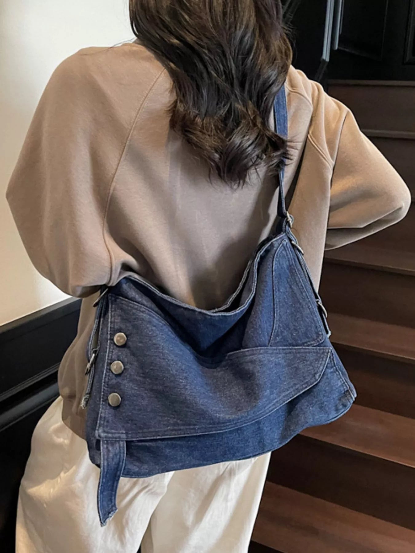 Sarah Express Women's Casual Denim Crossbody Bag with Button Detail