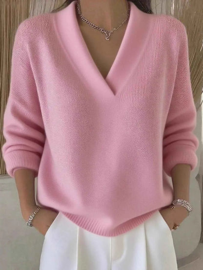 Sarah Express Women's V-Neck Dropped Shoulder Sweater - Relaxed Fit Plus Size Pullover Pink