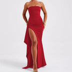 Strapless Pleated Maxi Dress Backless Split A-Line Wedding Party