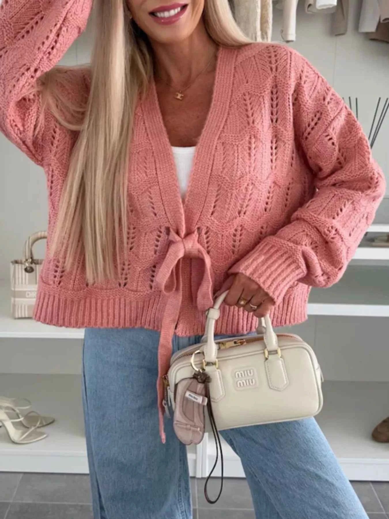 Sarah Express Women's Tie-Front Openwork Cardigan - Lightweight Knit Sweater