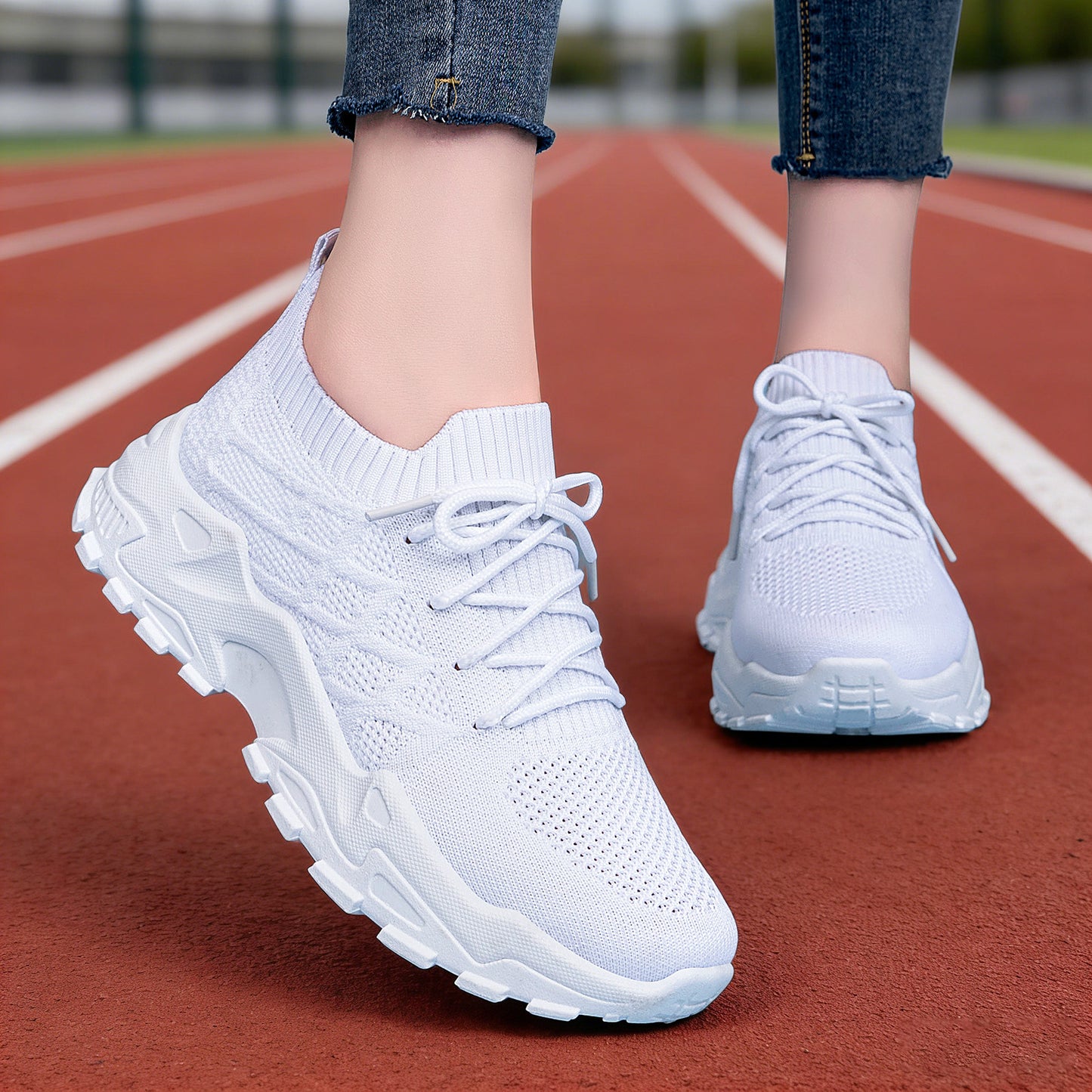 Sarah Express Women's Height Increasing Sneakers - Padded Comfort Dad Shoes with Mesh Lining White