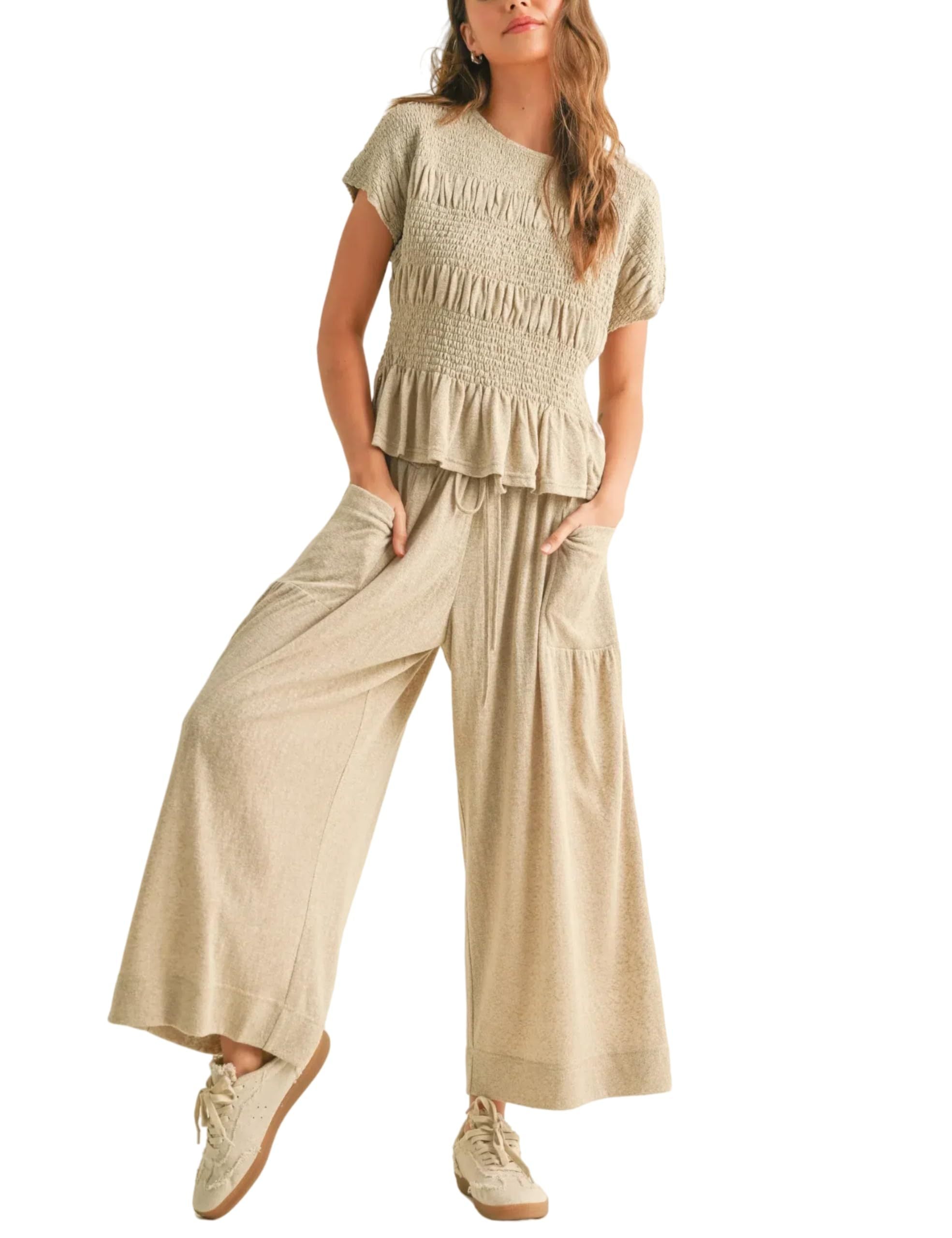 Sarah Express Pleated Top Wide Leg Pants 2-Piece Matching Set