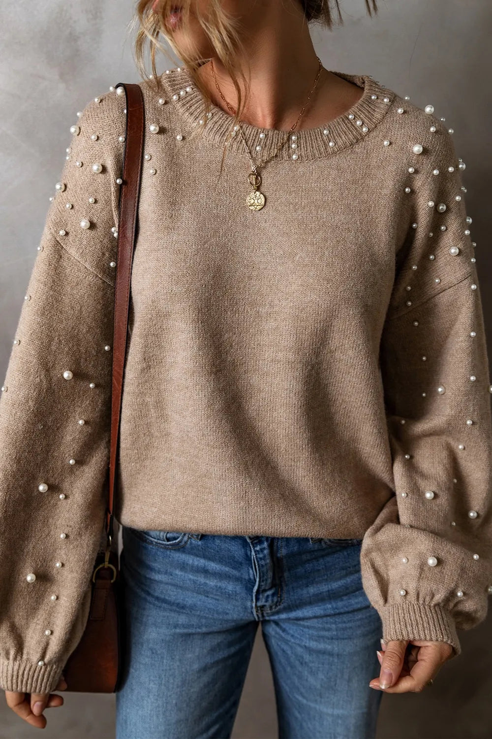 Sarah Express Women's Pearl Detail Round Neck Sweater Long Sleeve Elegant Fall Winter Casual Work