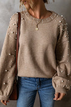 Sarah Express Women's Pearl Detail Round Neck Sweater Long Sleeve Elegant Fall Winter Casual Work