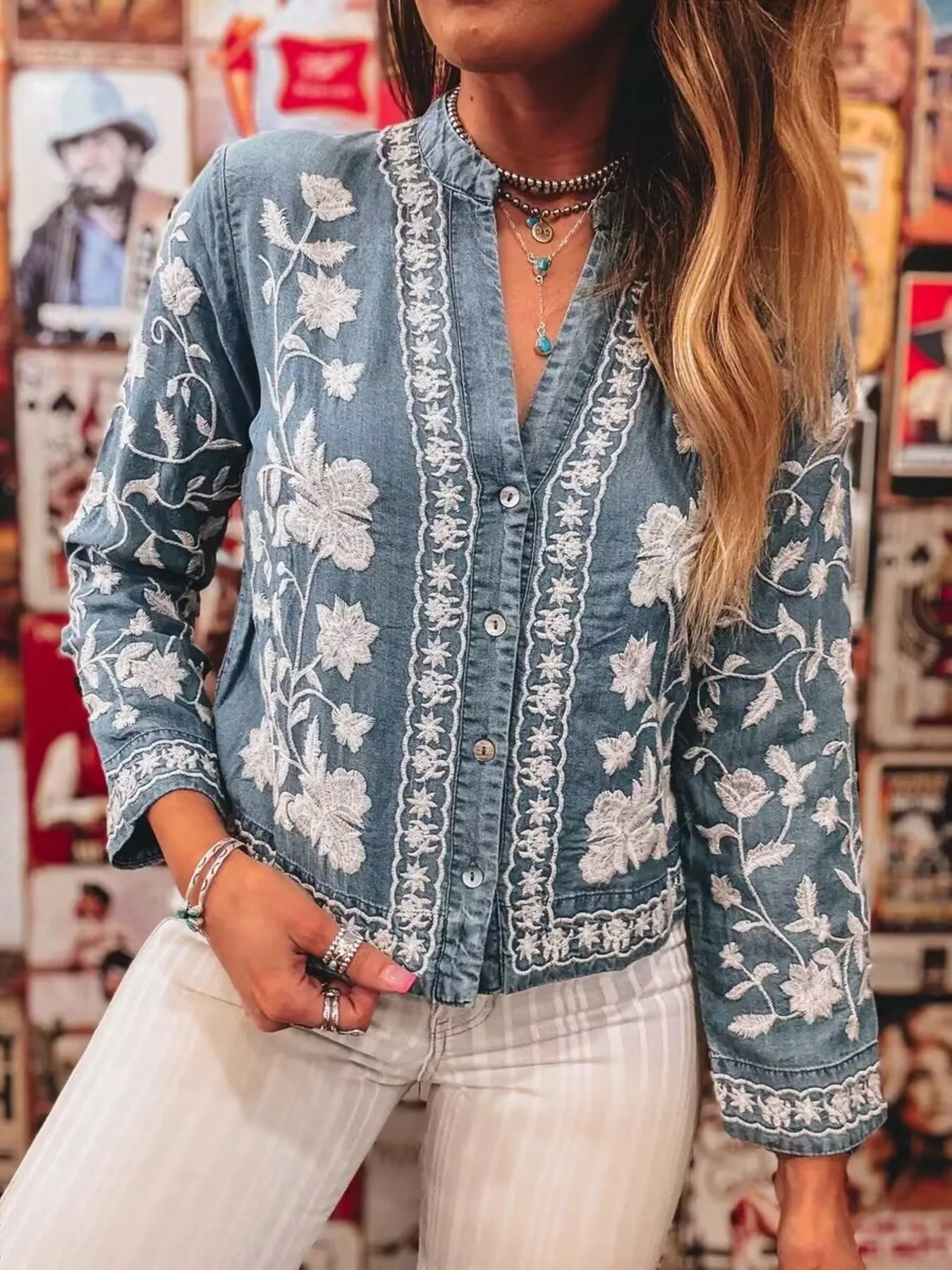 Sarah Express Women's Floral Embroidered Button Up Denim Shirt