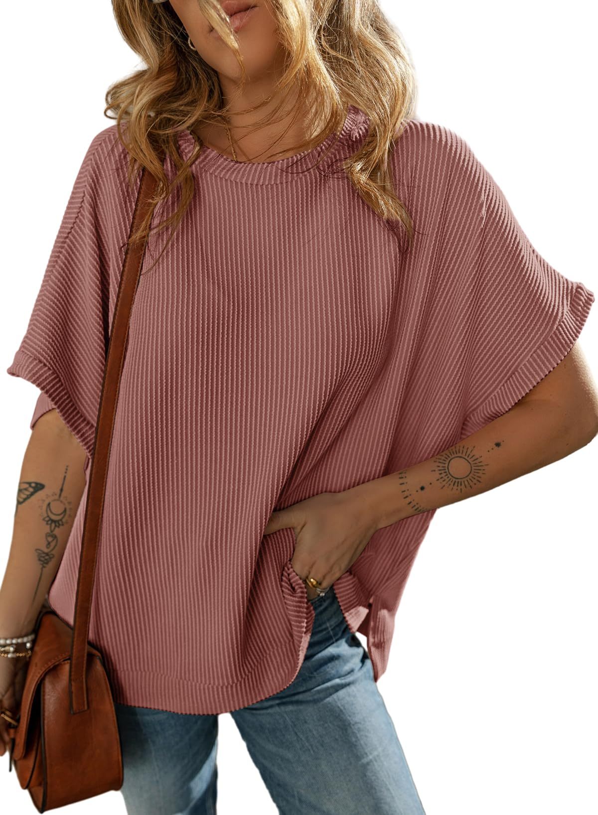 Sarah Express Solid Color Knitted T-Shirt Women's Half Sleeve Loose Casual Pullover Top