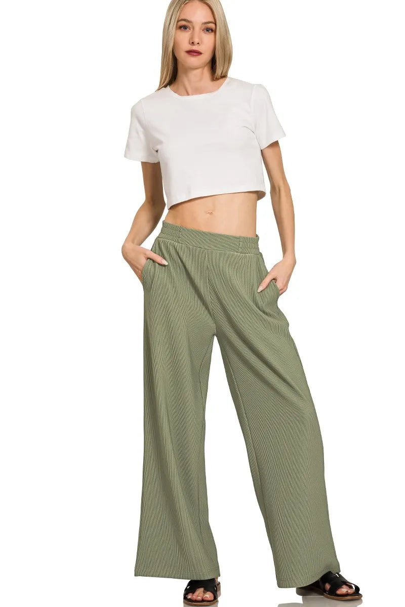 Sarah Express Women’s Ribbed High Neck Half Zip Lounge Set with Palazzo Pants
