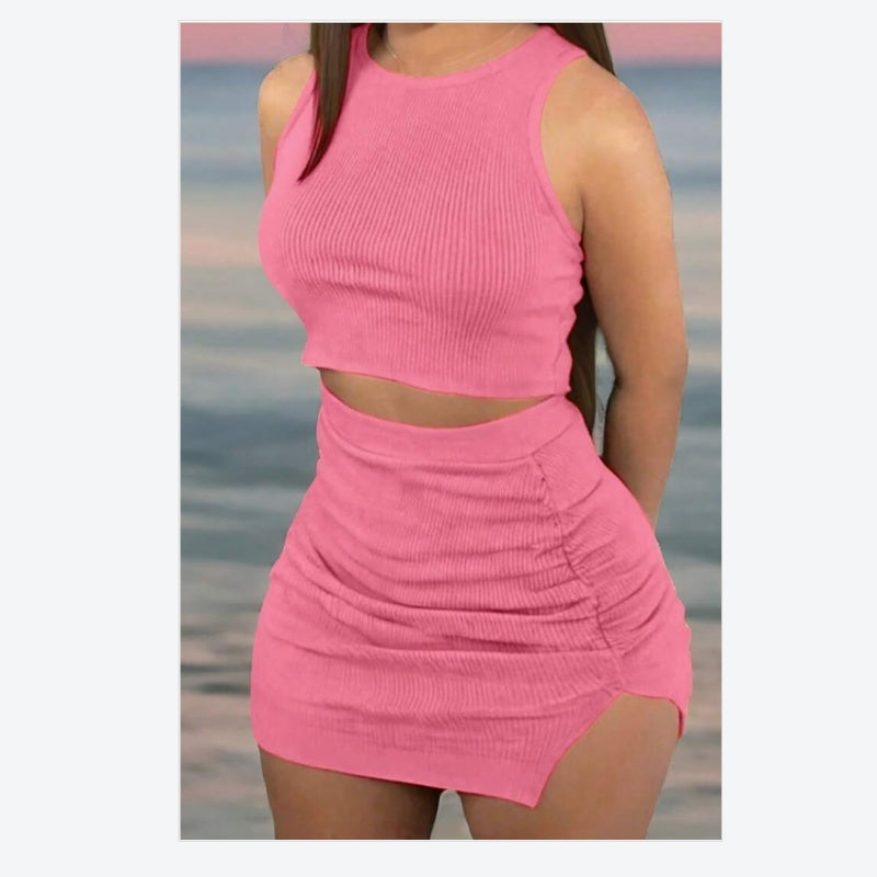 Sarah Express Women's Ribbed Crop Top and Bodycon Skirt Two Piece Set