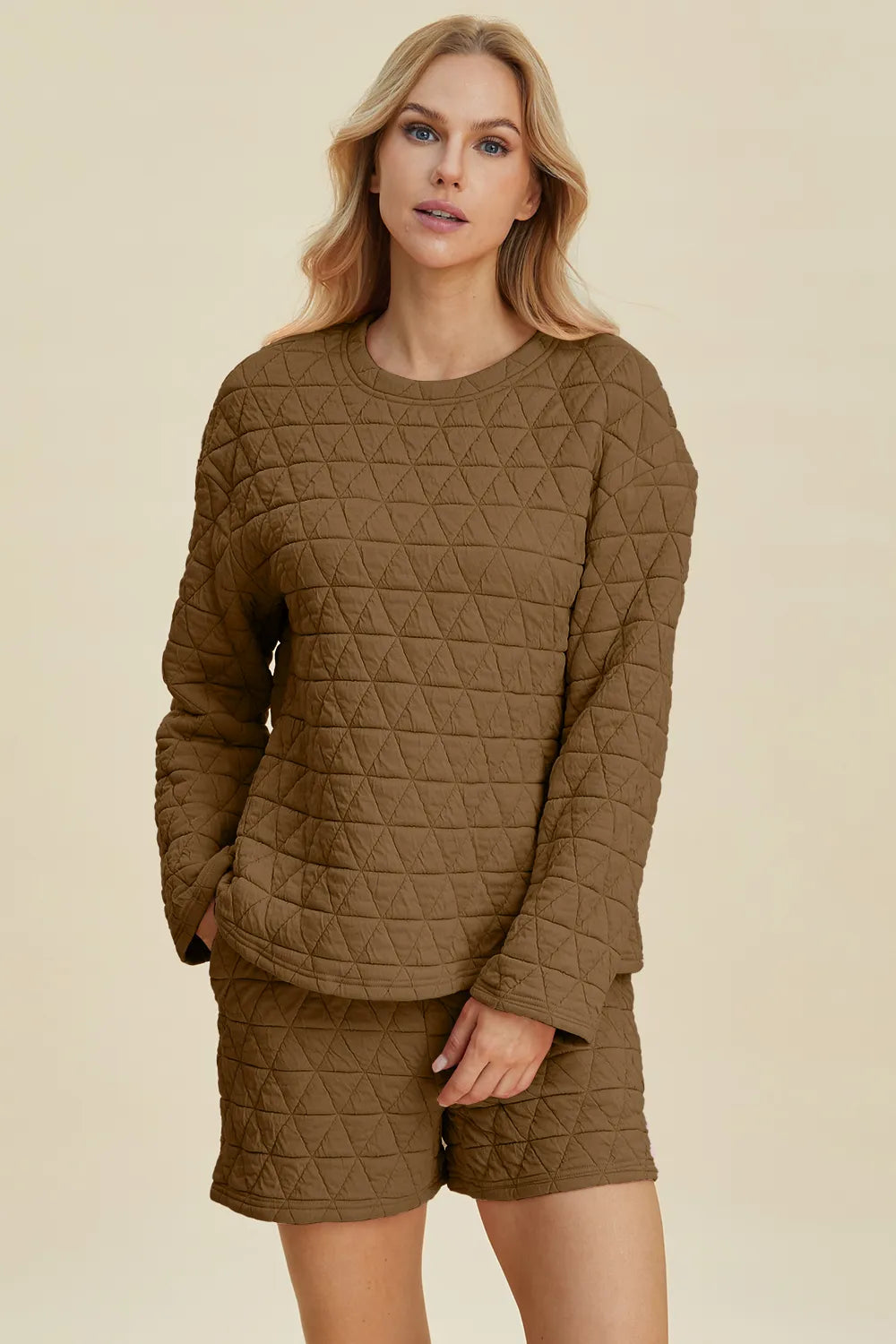 Sarah Express Women’s Plus Size Textured Long Sleeve Top and Shorts Set
