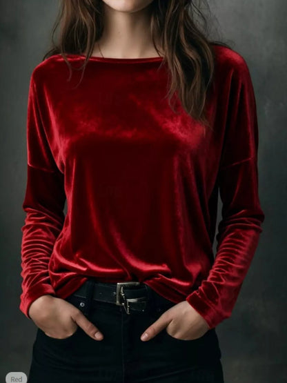 Sarah Express Women's Velvet Long Sleeve T-Shirt - Luxe Soft Touch Top for Plus Size Wine Red