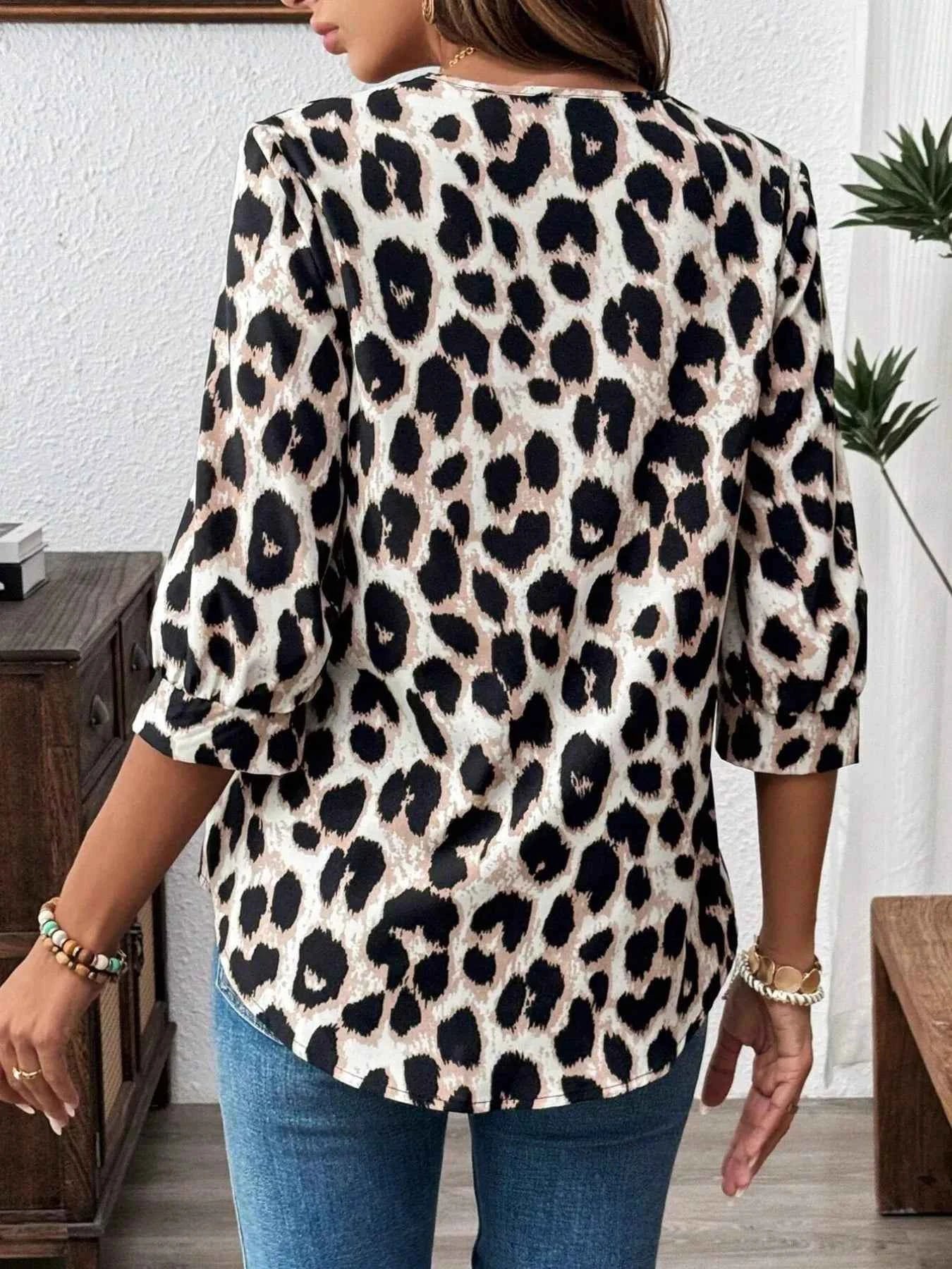Sarah Express Women's Leopard Print 3/4 Sleeve Blouse - Button Front Top