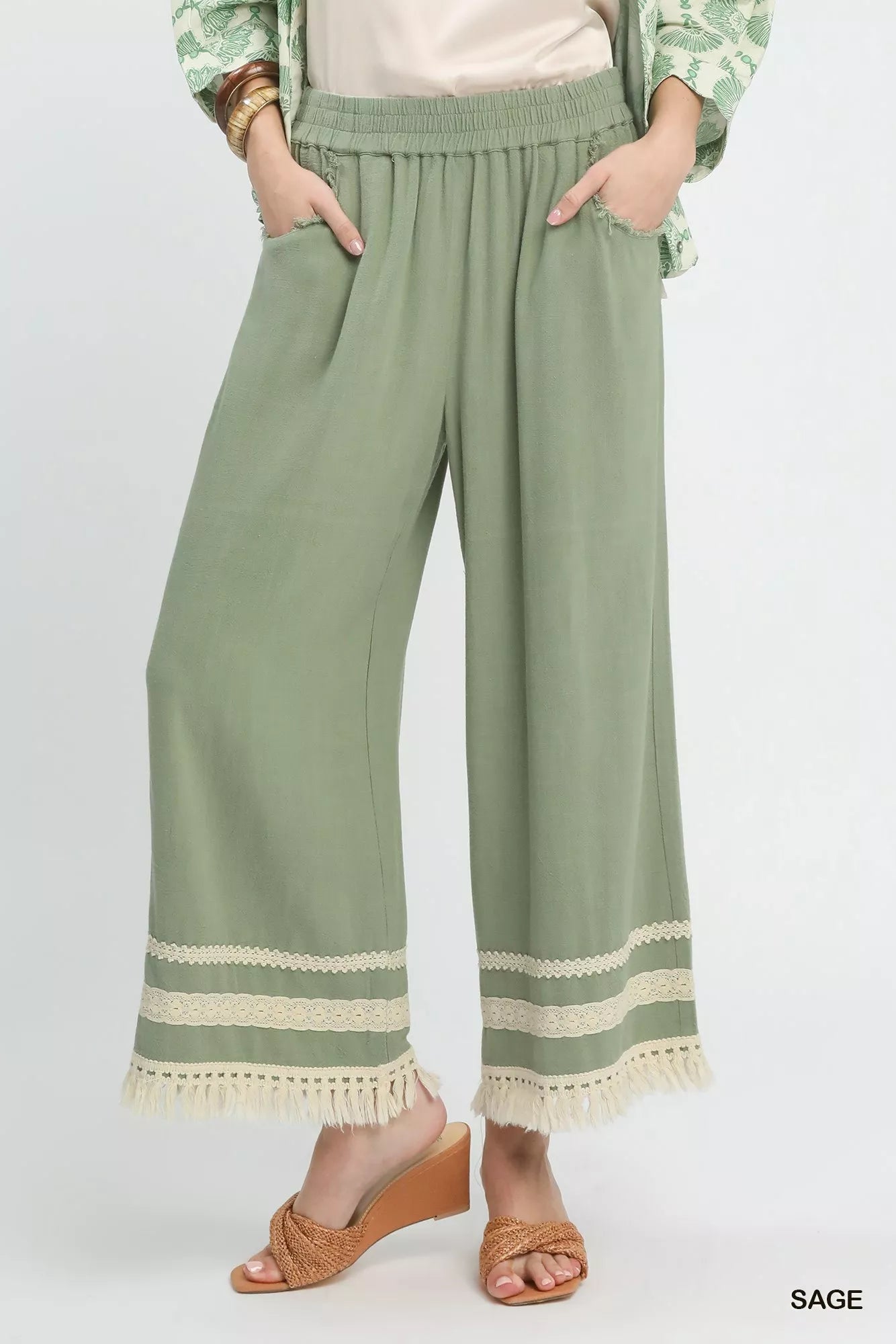Sarah Express Women's Lace Trim Fringe Hem Wide Leg Linen Pants SAGE