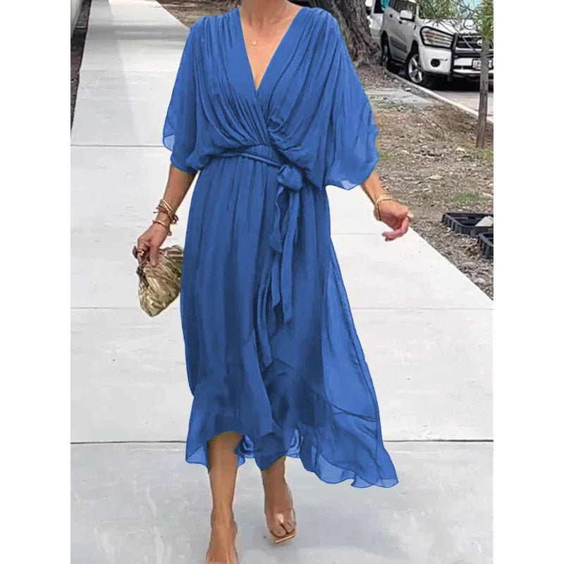 Sarah Express Women's Batwing Sleeve V-Neck Dress Summer Tie Detail Irregular Hem Mid-Length Fairy Dress
