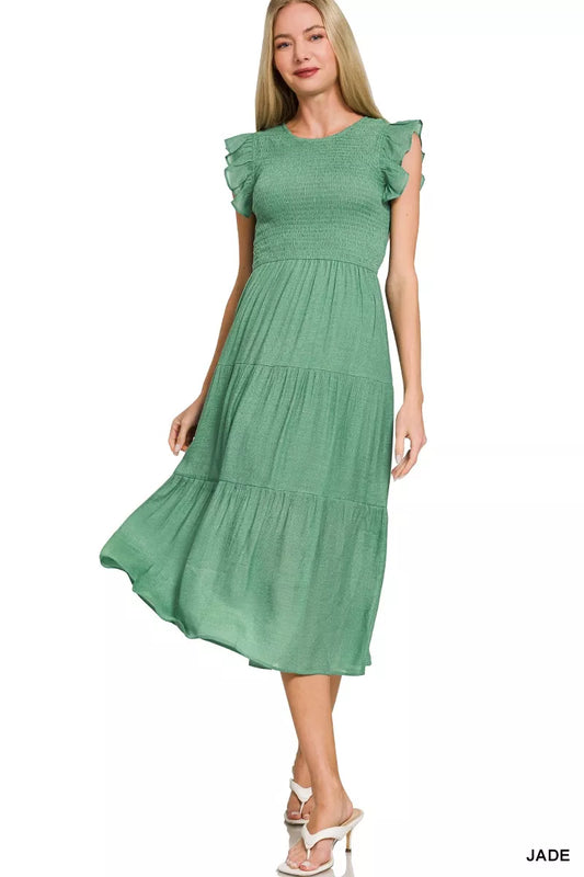 Sarah Express Women's Woven Smocked Ruffle Sleeve Midi Dress JADE