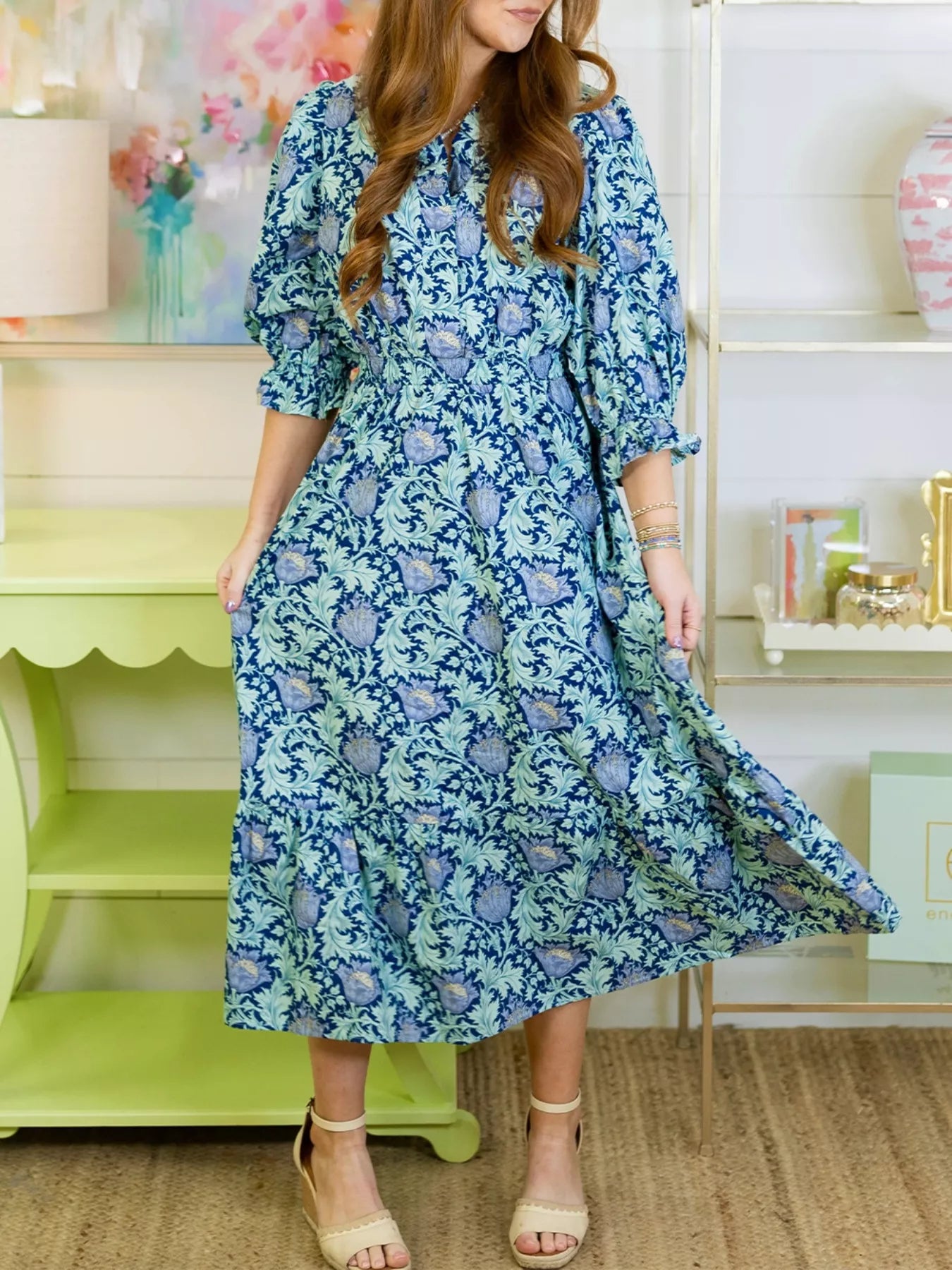Sarah Express Women's Floral Print Midi Dress with Puff Sleeves