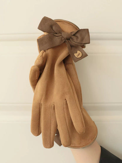 Sarah Express Women's Bow-Decorated Winter Gloves - Elegant Polyester Knit Gloves Camel ONESIZE