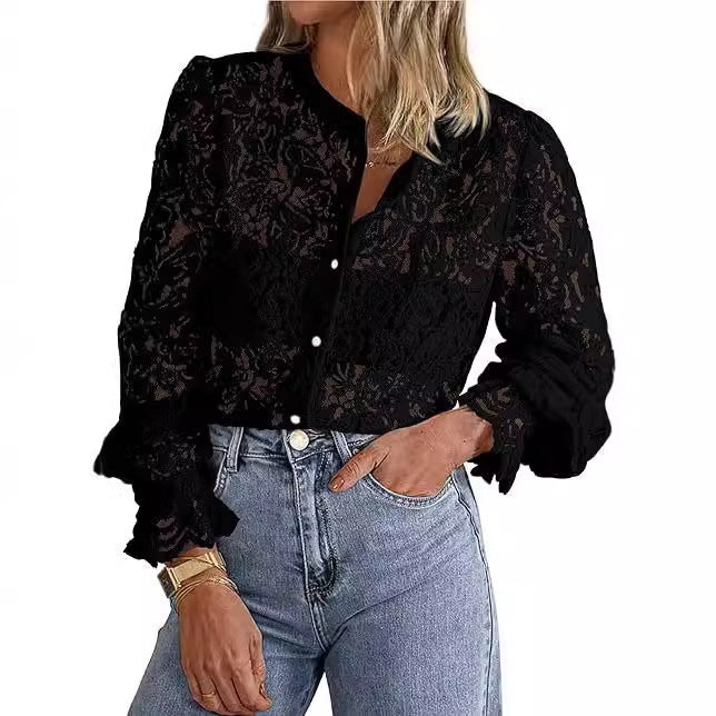 Sarah Express Women's Lace Button Front Shirt Long Sleeve Elegant Blouse